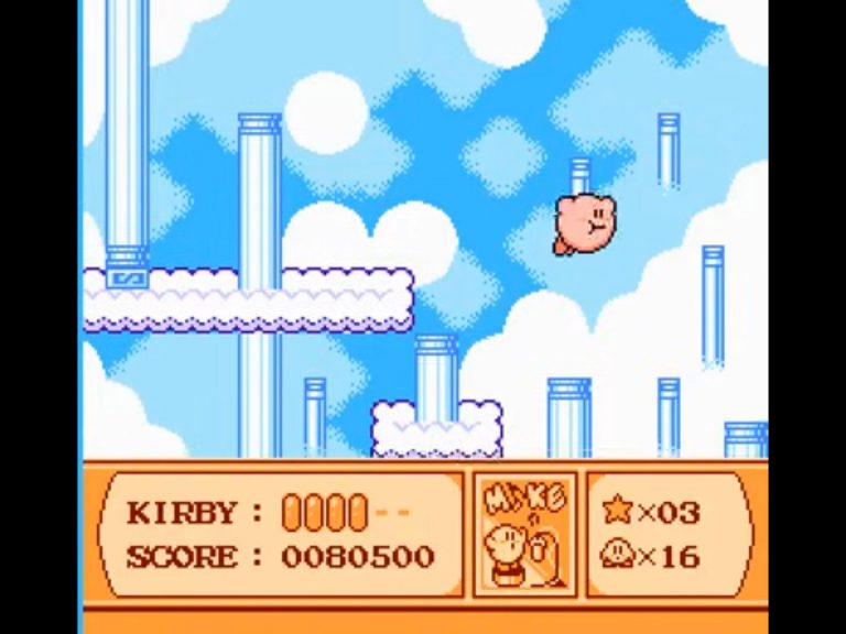Plattformabschnitt aus Kirby’s Adventure mit pastellblauem Himmel und weißen Wolken. Kirby schwebt zwischen Säulen und Plattformen, HUD zeigt Leben, Score und aktive Fähigkeit.