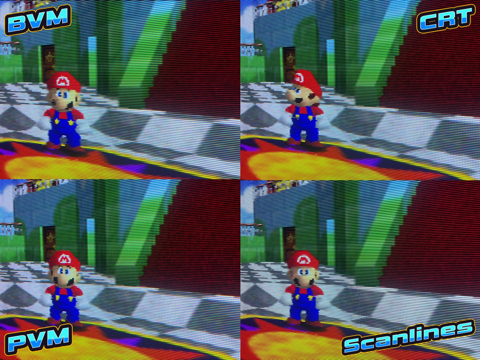 Vierfach Vergleich eines Super Mario 64 Screens mit sichtbaren Scanlines, jeweils mit Labeln BVM, CRT, PVM und Scanlines. Die Modi zeigen unterschiedliche Schärfe, Kontrast und Scanline Intensität bei derselben Szene.